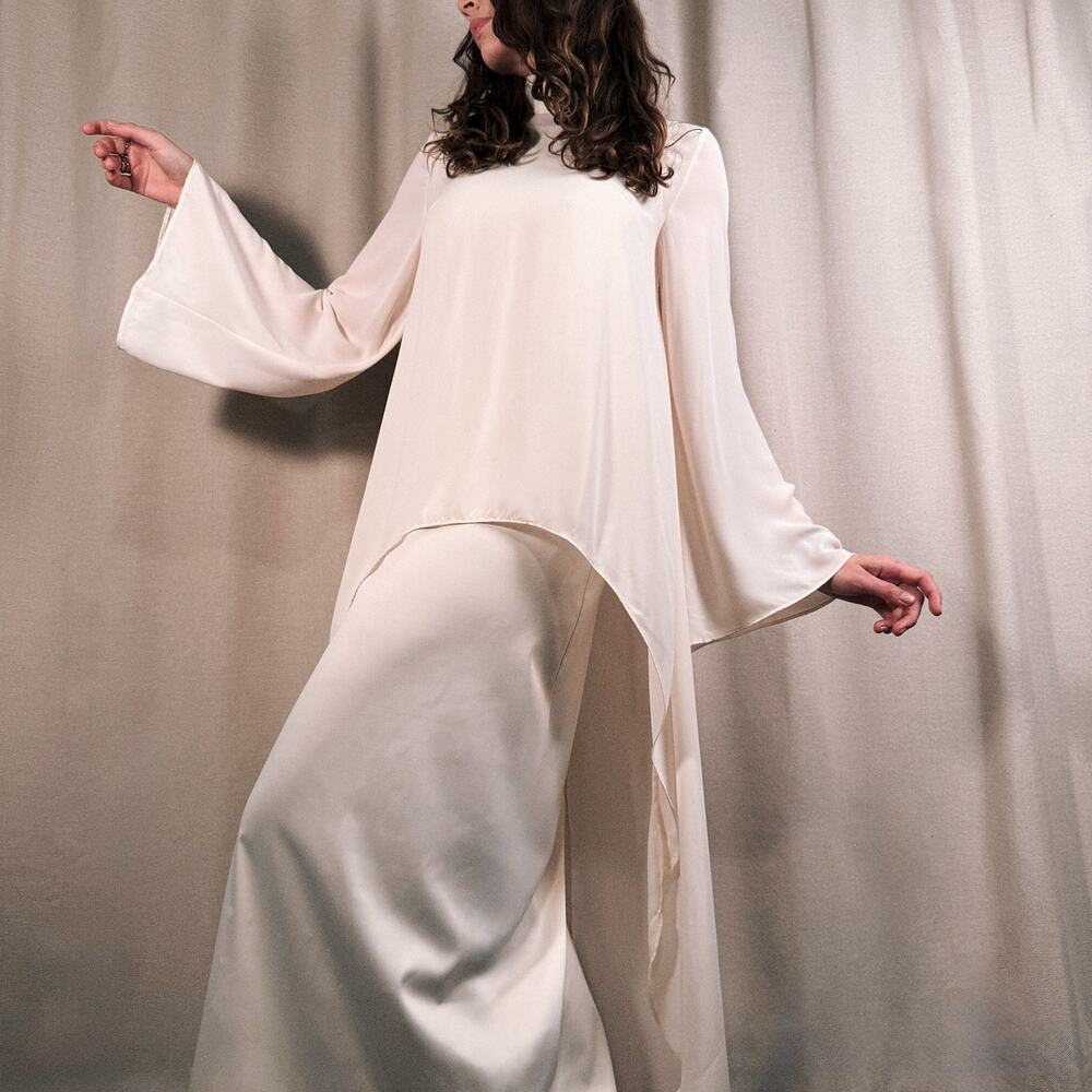 Lichi Cream Two Piece Dress, Draped Top Coat and Elegant Slip